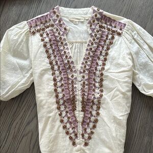Beaded Embroidered Cream Purple V Neck Button Down Anthropologie Top